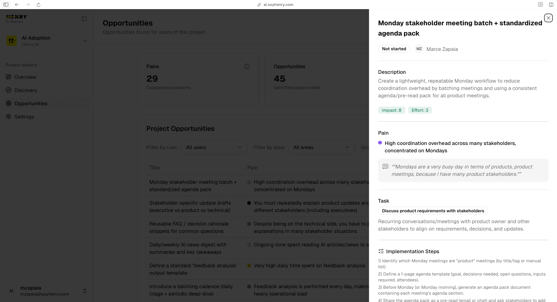 HENRY platform - Personalized AI opportunities per collaborator